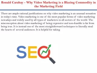 Ronald Carabay - Why Video Marketing is a Blazing Commodity in the Marketing Fie