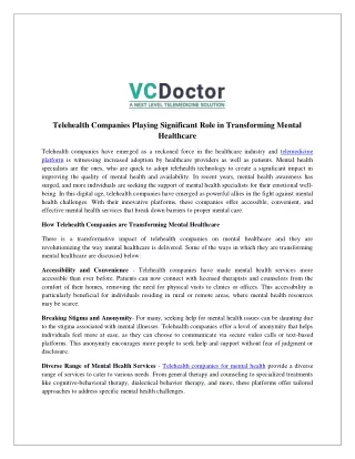 Telehealth Companies Playing Significant Role in Transforming Mental Healthcare