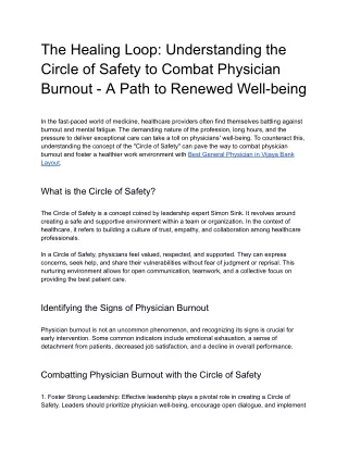 The Healing Loop_ Understanding the Circle of Safety to Combat Physician Burnout - A Path to Renewed Well-being