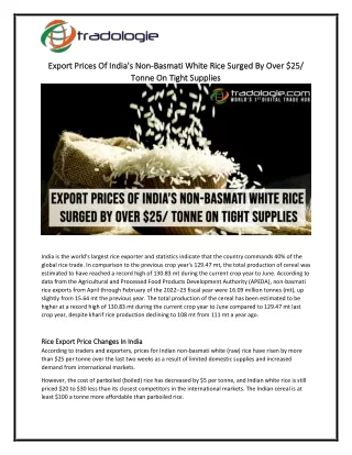 Export Prices Of India’s Non-Basmati White Rice Surged By Over $25 Tonne On Tight Supplies