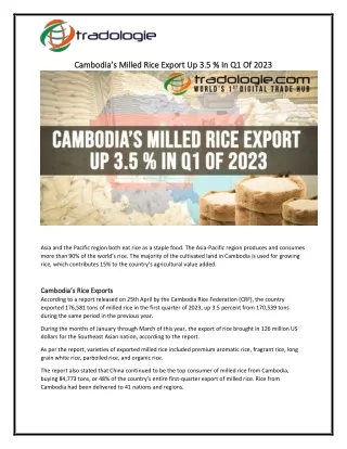 Cambodia’s Milled Rice Export Up 3.5 % In Q1 Of 2023