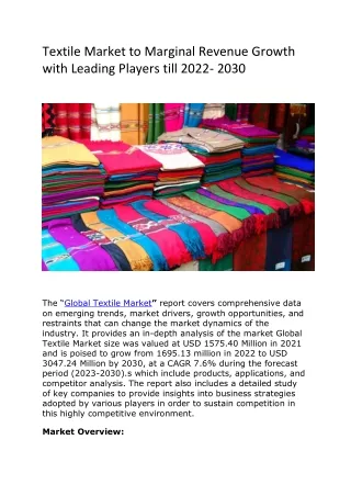 Textile Market to Marginal Revenue Growth with Leading Players till 2022