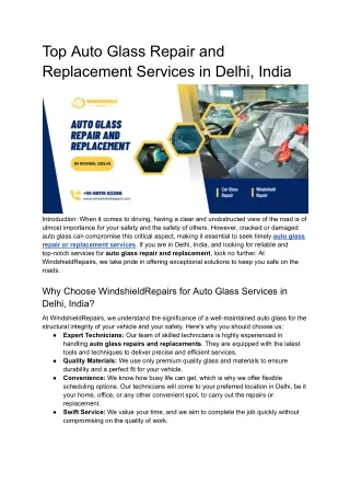 Top Auto Glass Repair and Replacement Services in Delhi, India