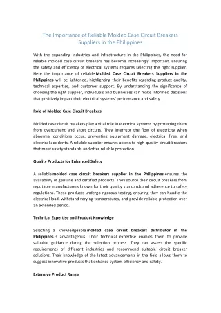 The Importance of Reliable Molded Case Circuit Breakers Suppliers in the Philippines