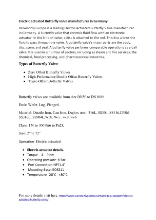 Electric actuated Butterfly valve manufacturer in Germany