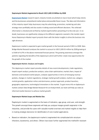 Daptomycin Market Augmented to Reach US 5,509.53 Million by 2028