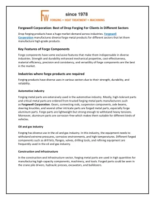 Forgewell Corporation: Best of Drop Forging For Clients in Different Sectors