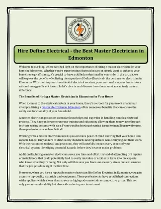 Hire Define Electrical - the Best Master Electrician in Edmonton