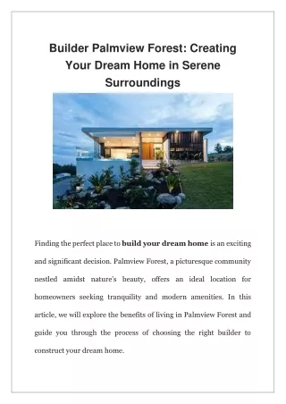 Builder Palmview Forest Creating Your Dream Home in Serene Surroundings