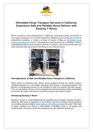 Affordable Horse Transport Services in California: Experience Safe and Reliable