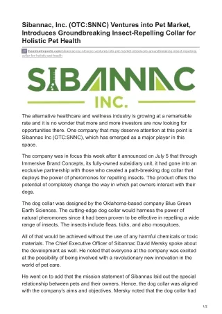 Sibannac, Inc. (OTC-SNNC) Ventures into Pet Market, Introduces Groundbreaking Insect-Repelling Collar for Holistic Pet H