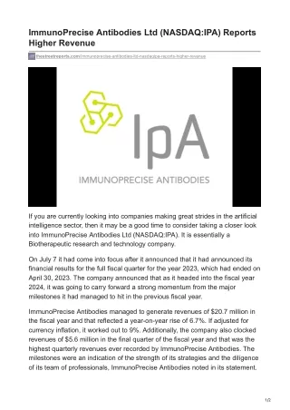 ImmunoPrecise Antibodies Ltd (NASDAQ-IPA) Reports Higher Revenue