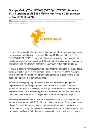 Steppe Gold (TSX- STGO) (OTCQX-STPGF) Secures Full Funding of US$150 Million for Phase 2 Expansion at the ATO Gold Mine