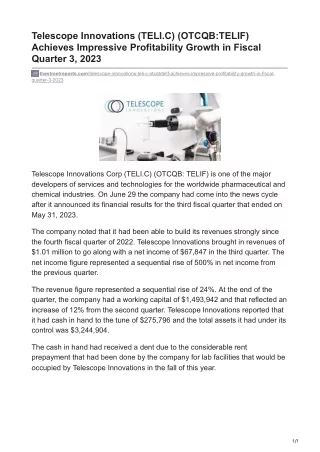 Telescope Innovations (TELI.C) (OTCQB-TELIF) Achieves Impressive Profitability Growth in Fiscal Quarter 3, 2023