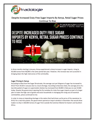 Despite Increased Duty-Free Sugar Imports By Kenya, Retail Sugar Prices Continue To Rise