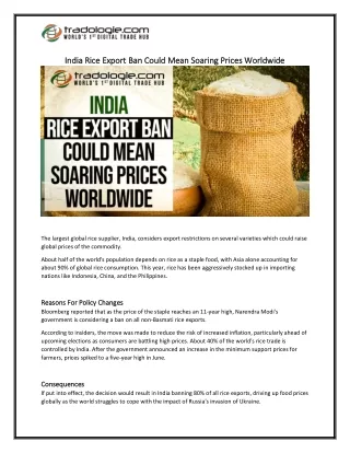 India Rice Export Ban Could Mean Soaring Prices Worldwide