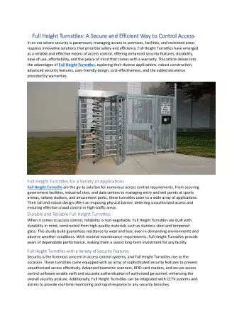 Full Height Turnstiles A Secure and Efficient Way to Control Access