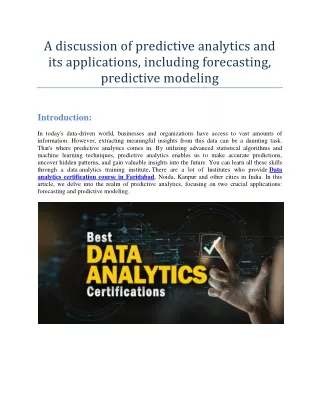 A discussion of predictive analytics and its applications