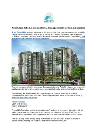 Arsis Green Hills KR Puram offers 2 Bhk Apartments for Sale in Bangalore