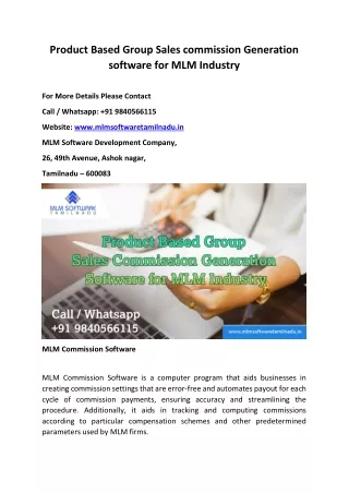 Product Based Group Sales commission Generation software for MLM Industry