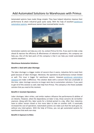 Add Automated Solutions to Warehouses with Primus