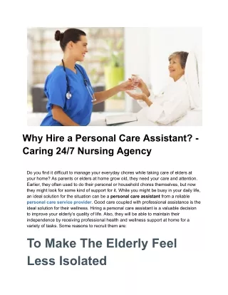 Unraveling the Importance of a Personal Care Assistant - Caring 24/7