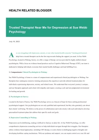 Trusted Therapist Near Me for Depression at Sue Webb Psychology