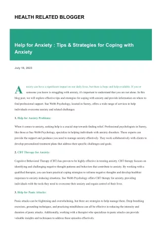 Help for Anxiety : Tips & Strategies for Coping with Anxiety