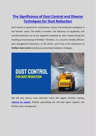 The Significance of Dust Control and Diverse Techniques for Dust Reduction