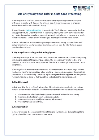 Use of Hydrocyclone Filter in Silica Sand Processing