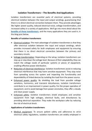 Isolation Transformers – The Benefits And Applications