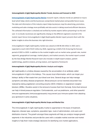 Immunoglobulin A (IgA) Nephropathy Market Trends, Services and Forecast to 2029