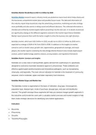 Ketolides Market Would Rise to USD 4.11 billion by 2030