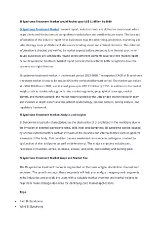 Bi Syndrome Treatment Market Would Rocket upto US 11 Billion by 2030