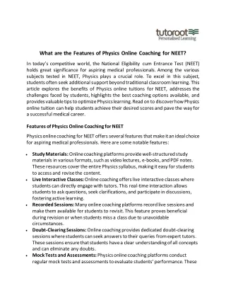 What are the Features of Physics Online Coaching for NEET?