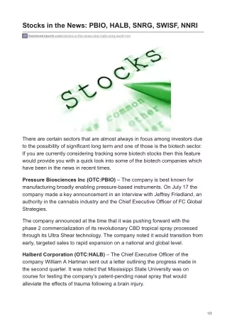 Stocks in the News- PBIO, HALB, SNRG, SWISF, NNRI