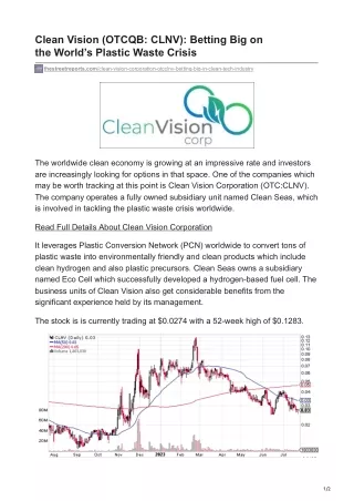 Clean Vision (OTCQB- CLNV)- Betting Big on the World’s Plastic Waste Crisis