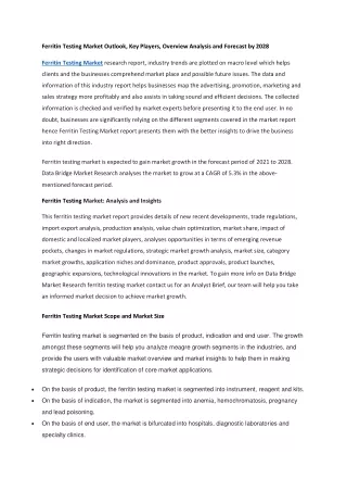 Ferritin Testing Market Outlook, Key Players, Overview Analysis and Forecast by 2028