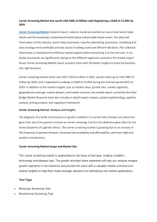 Carrier Screening Market Size worth USD 5460.12 Million with Registering a CAGR of 15.40 by 2029