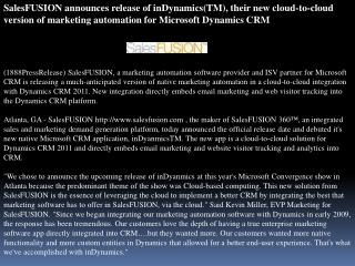 salesfusion announces release of indynamics(tm), their new c