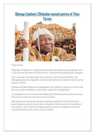 Gbenga Eyiolawi- Olubadan named patron of Titan Farms