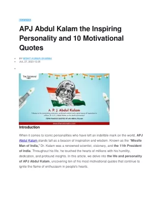 APJ Abdul Kalam the Inspiring Personality and 10 Motivational Quotes