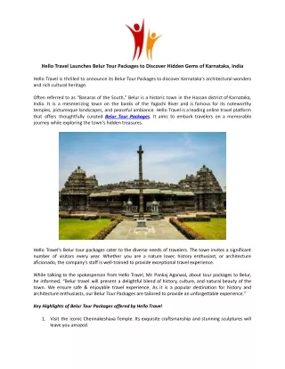 Hello Travel Launches Belur Tour Packages to Discover Hidden Gems of Karnataka, India.docx