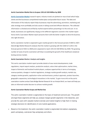 Aortic Coarctation Market Size to Surpass 1351.62 USD Million by 2028
