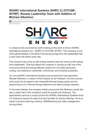 SHARC International Systems (SHRC.C) (OTCQB- INTWF)  Boosts Leadership Team with Addition of Michael Albertson