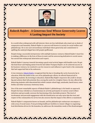 Rakesh Rajdev - A Generous Soul Whose Generosity Leaves A Lasting Impact