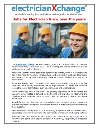 Jobs for Electrician Grow over the years