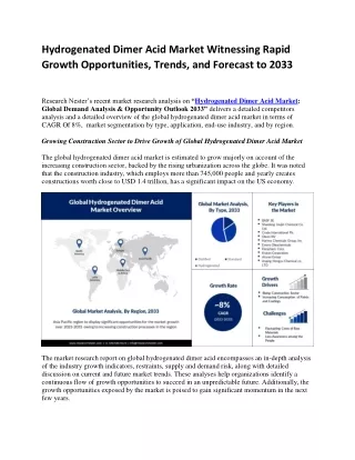 Hydrogenated Dimer Acid Market Analysis, Statistics By Top Manufacturers 2033