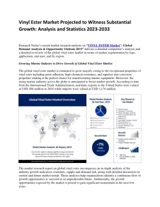 Vinyl Ester Market Size Projection: A Strong Growth Trajectory from 2023 to 2033