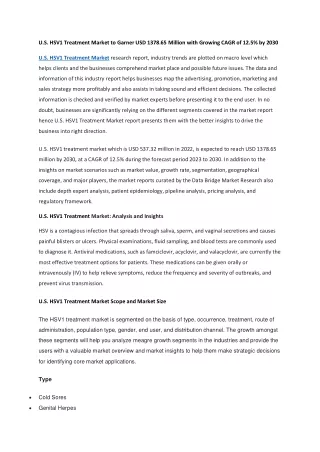U.S. HSV1 Treatment Market to Garner USD 1378.65 Million with Growing CAGR of 12.5 by 2030